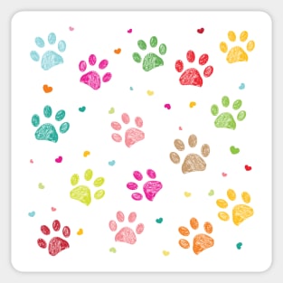 Colorful hand drawn doodle paw prints with hearts Sticker